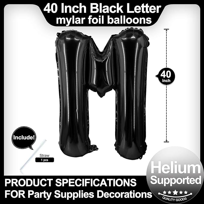 40 Inch Black Letter M Balloons, DIY Phrase Foil Alphabet Letter M Balloons DIY Word M Banner for Birthday Anniversary Celebration Graduation Party Supplies Decoration