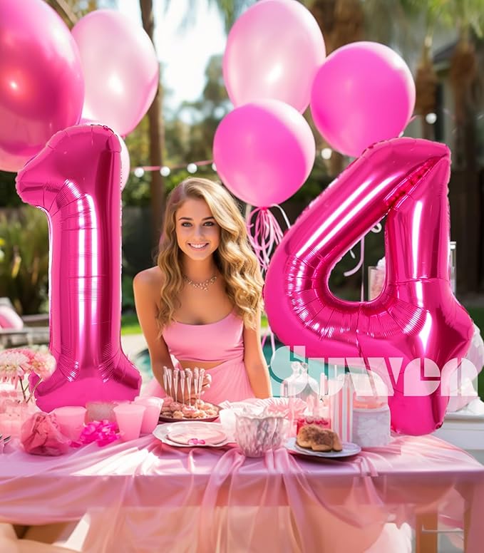 SUWEN 40 Inch Hot Pink Large 14 Number Balloons Big Foil Helium Number Balloons 0-9 Jumbo Happy 14th Mylar Birthday Party Decorations for Girl or Women 41 Anniversary Party Supplies