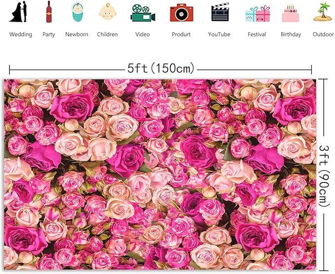 5x3FT Pink Rose Flower Wall Backdrop Spring Tea Party Photography Background Girls Princess Birthday Wedding Mothers Day Baby Shower Dessert Cake Table Decoration Banner