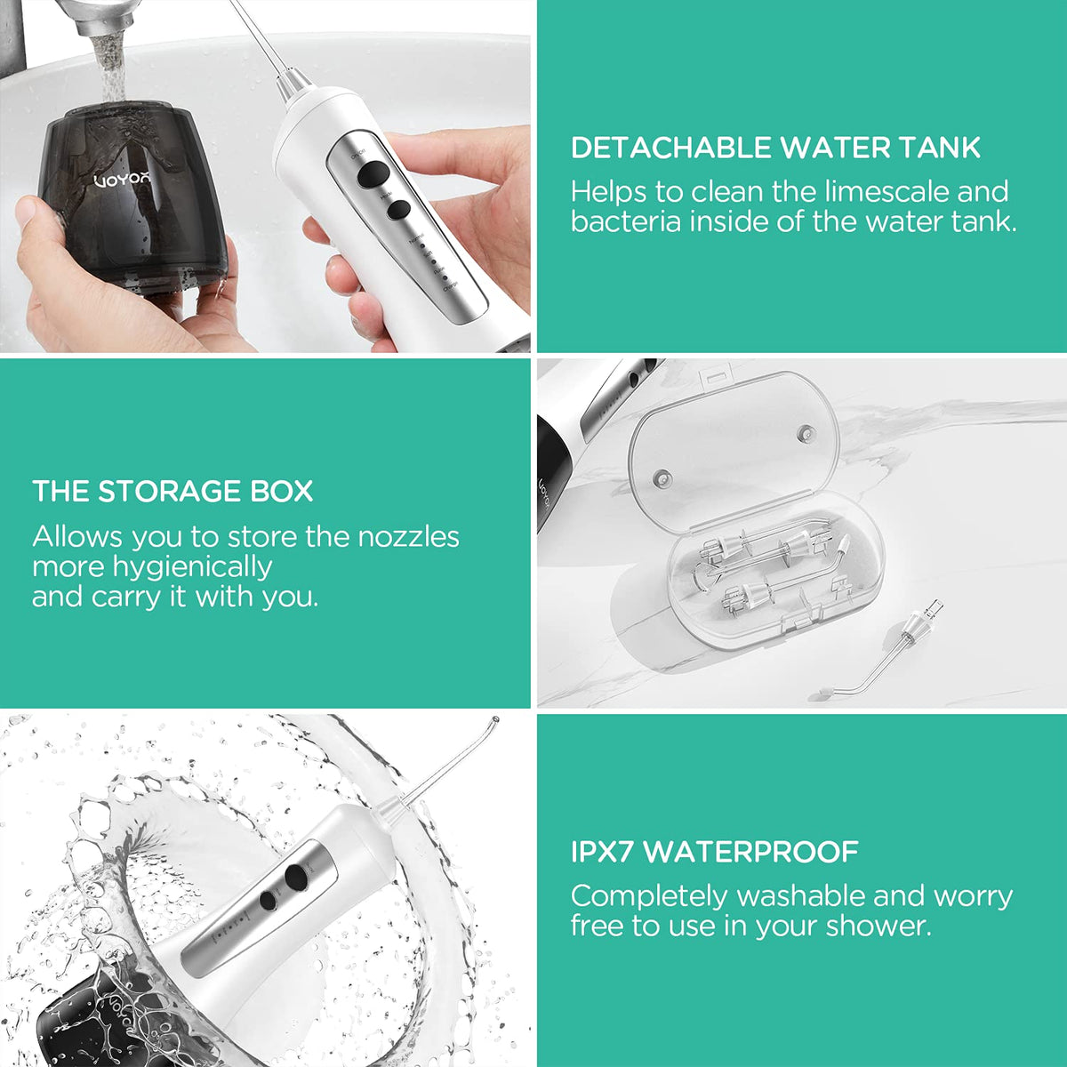 VOYOR Water Flosser Oral Irrigator Cordless Rechargeable Dental Water Jet Flosser with 3 Working Modes, IPX7 Waterproof for Teeth, Brace, Bridges Care WF200 (Gray)