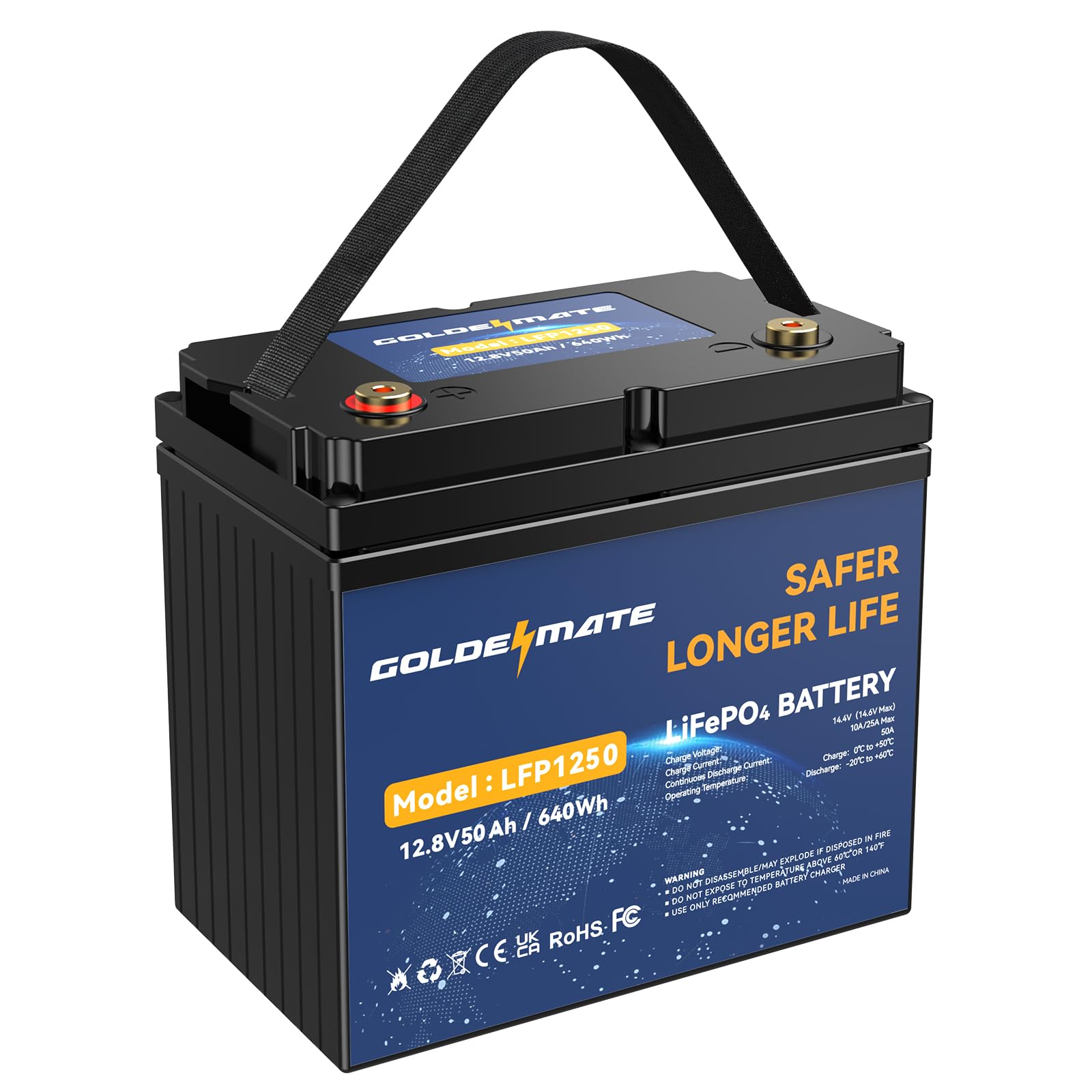 GOLDENMATE 12V 50Ah LiFePO4 Battery, 10 Years Lifespan & 5000+ Cycles, Max to 640Wh, Rechargeable Lithium Iron Phosphate Battery