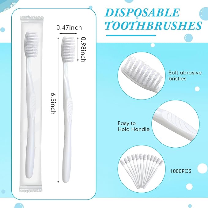 Tessco 1000 Pcs Disposable Toothbrushes Bulk Individually Wrapped Manual Soft Bristle Travel Toothbrushes Single Use Toothbrush for Homeless Hotel Toiletries Camping Office(White)