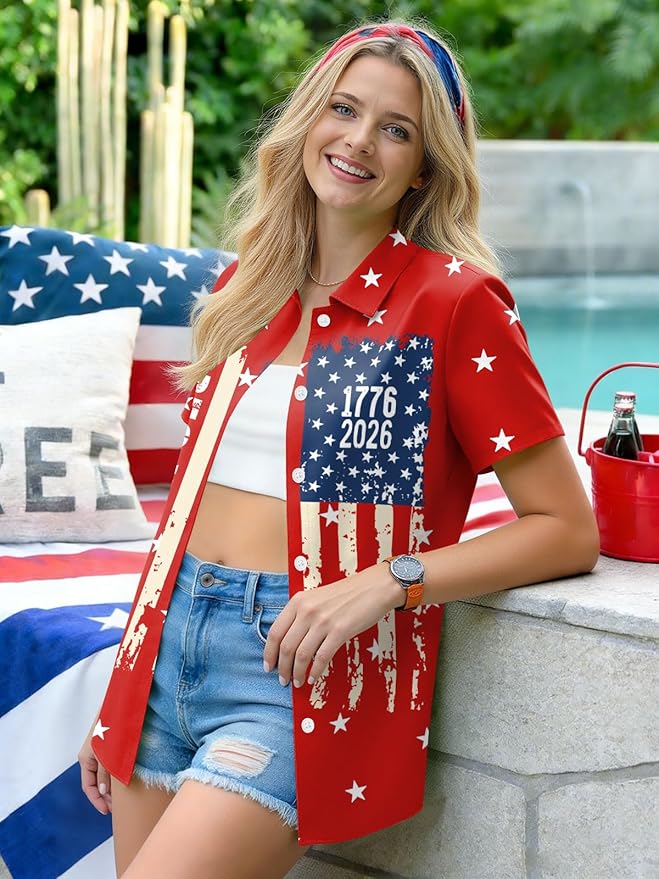 4th of July Shirts Women American Flag Patriotic Shirt Independence Day Short Sleeve Button Down Outfits