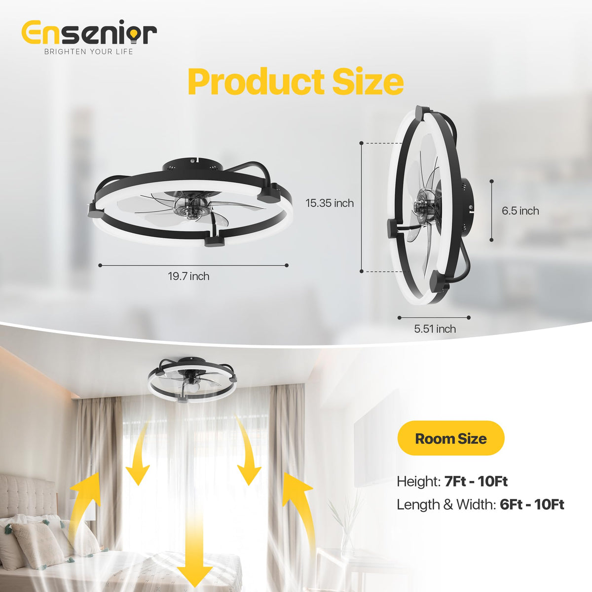 Ensenior 20 Inch Flush Mount Ceiling Fans with Lights, APP Control, Black
