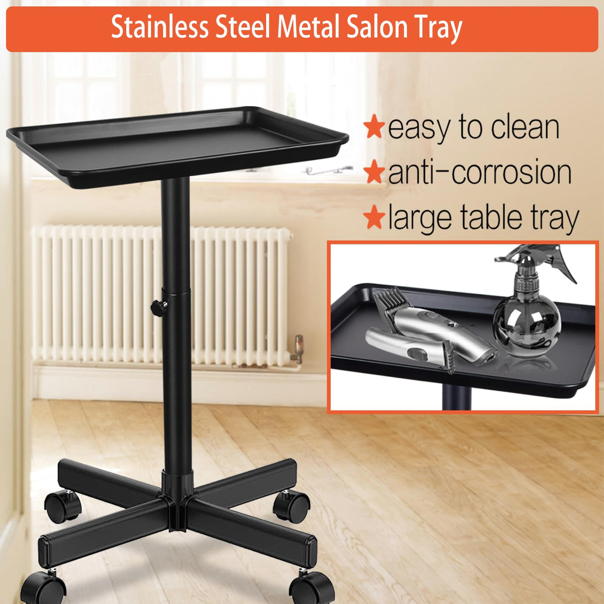 LKT COBTAC Salon Tray on Wheels,Height Adjustable Rolling Beauty Trolley Cart,Professional Salon Equipment for Barbershop/Spa/Home Use Black