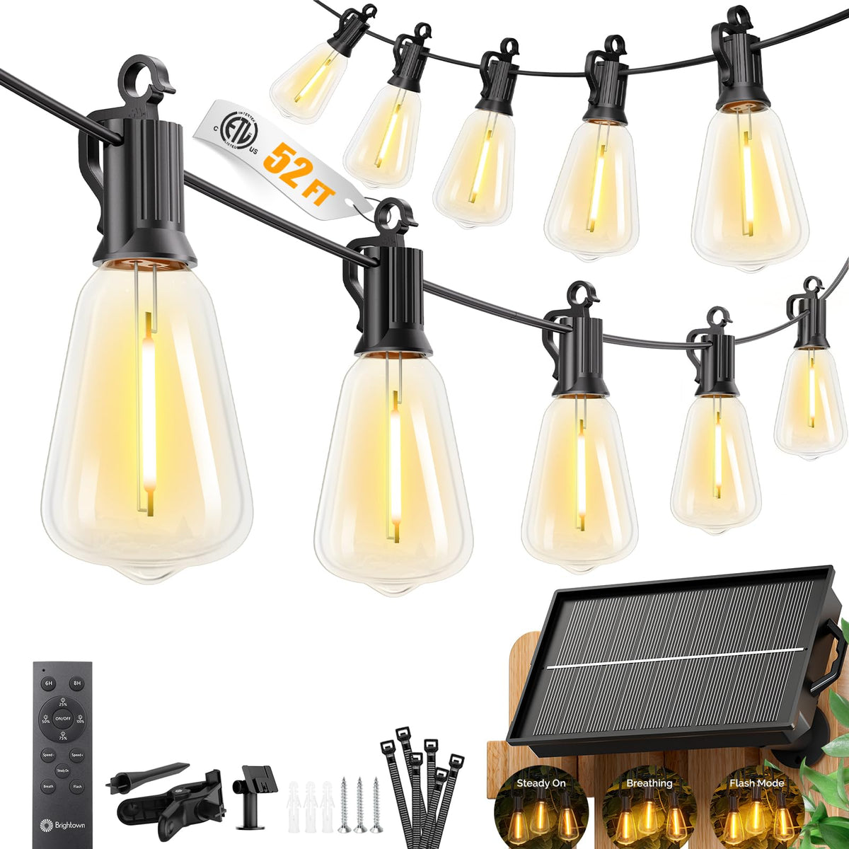 Brightown 52FT Solar String Lights Outdoor Waterproof, Patio Lights with Remote & Timer, USB/Solar Powered Dimmable Outdoor Lights, 15+1 LED Bulbs for Backyard Garden Camping Party - 26Hrs Runtime