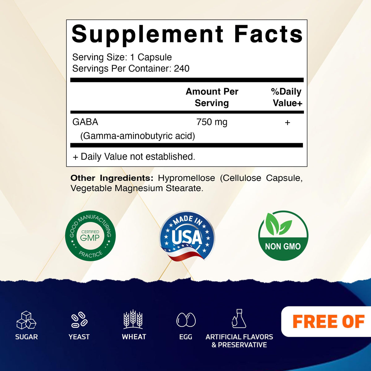 Vitamatic GABA (Gamma Aminobutyric Acid) 750mg, 240 Vegetable Capsules, 240 Servings - Non-GMO, Gluten Free