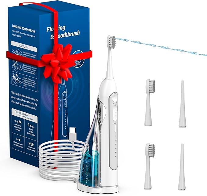 Electric Toothbrush with Water Flosser, 3-in-1 Sonic Modes, 5 Flossing Speeds with 2 Brushes + 2 Nozzles, Portable Flossing Toothbrush Combo for Adults Teeth Cleaning Kit for Travel (White)