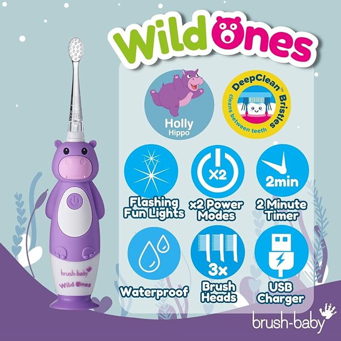 BrushBaby - WildOnes - Kids Rechargeable Electric Toothbrush, Ages 0-10 - Holly Hippo Design with Flashing Lights - DeepClean Bristles for Superior Cleaning - 2 Replacement Brush Heads, 1 USB Cable