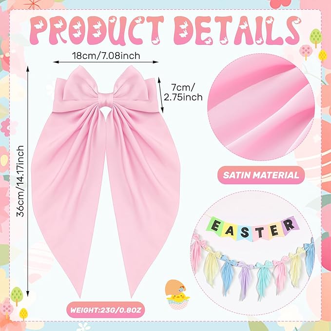 VitalCozy 1 Pcs Easter Pastel Bow Garland Banner - Silk Satin Ribbon Hanging Party Bow Garland Decoration for Easter Birthday Baby Shower Wedding Party Supplies