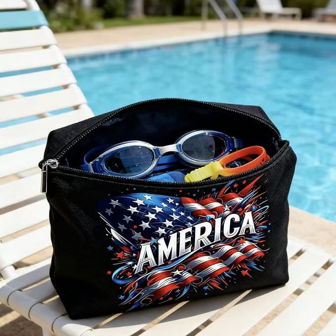 GRITOSE Independence Day Makeup Bag Black Small Toiletry Bags with America Flag designs Patriotic Supplies July 4th Stationery Storage Accessories for Women Men Work Travel Pouch Kit with Zipper Gift