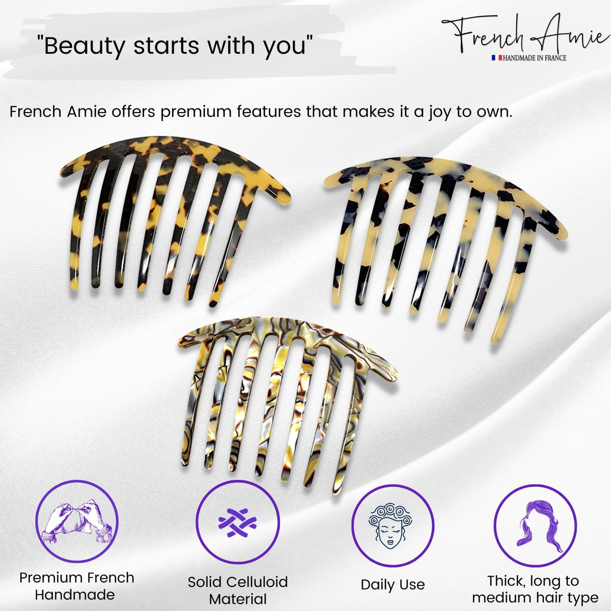 French Amie Curvy 7 Teeth Large 4” Celluloid Handmade Set of 3 Good Grip Hair Side Combs for Women and Girls