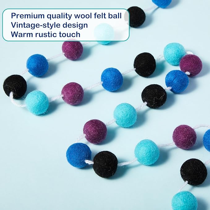 Boao 2 Pieces Wool Felt Ball Garland Colorful Pom Pom Garland Handmade 6.5 Feet Long 24 Balls Felt Banner for Wall Christmas Tree Decoration (Black,Purple,Blue)