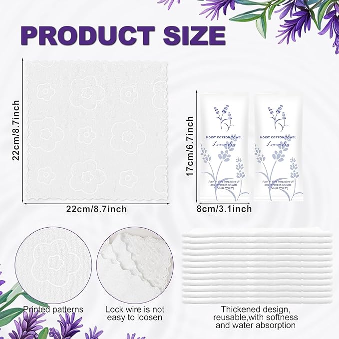 Moist Cotton Towel Bulk Moist Towelettes Individually Wrapped,White Towel Services,Refreshment Pre Moistened Towels for Dentist Travel Sport Party Hotel 200,Lavender