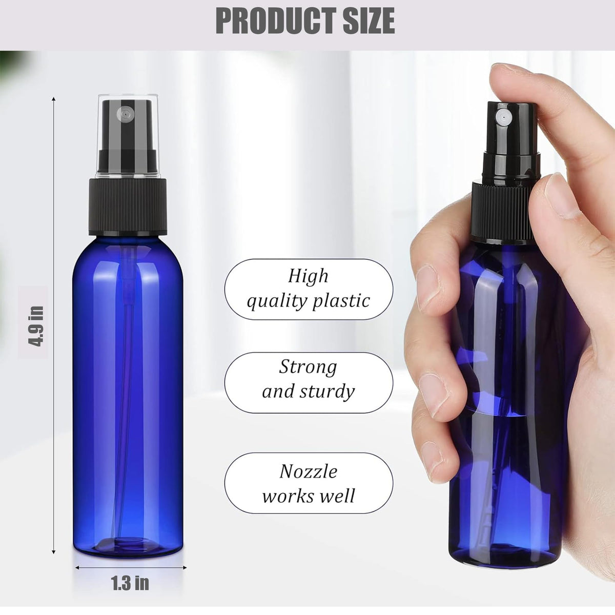TREEHAC 100 Pack 2 Oz Plastic Mini Spray Bottles with Refillable Mist Sprayer for Travel and Household Use for Perfume Essential Oils Cleaning(Blue)