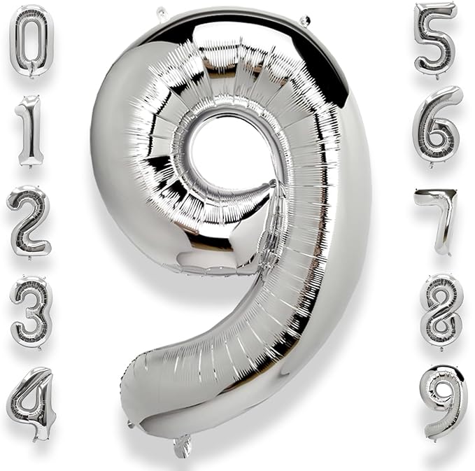 AULE 40 Inch Big Silver 9 Balloon Number Large Foil Helium Number Balloons 0-9 Jumbo Giant Happy 9th Birthday Party Decorations for Boy or Girl Huge Mylar Anniversary Party Supplies