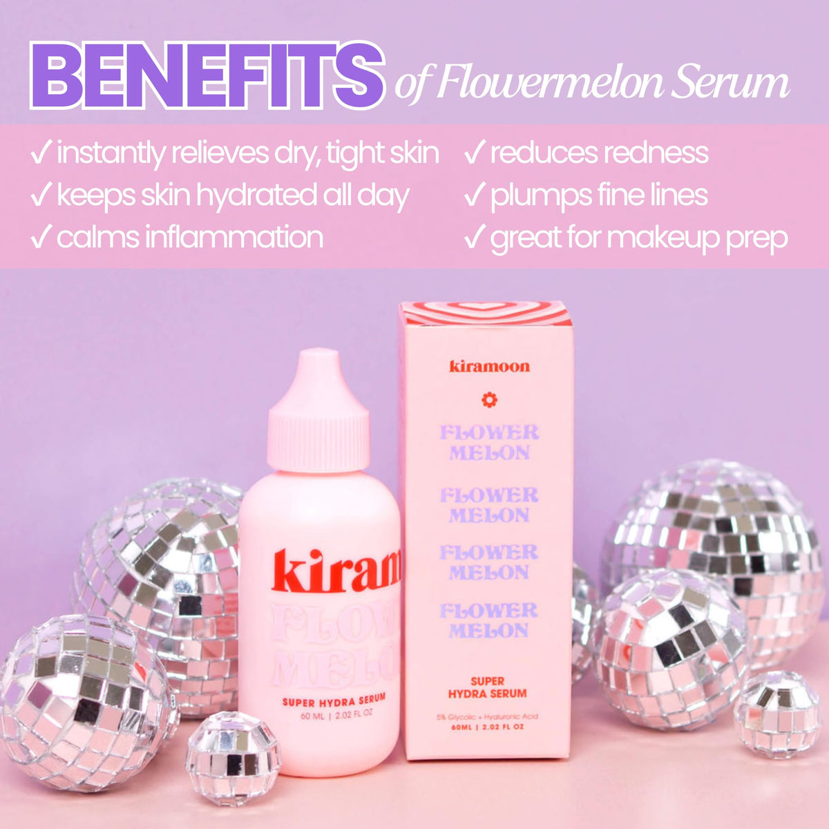 Kiramoon Flowermelon Hydrating Serum & Lightweight Daily Moisturizer to Reduce Dryness, Aloe + Chamomile + Niacinamide, All Skin Types including Sensitive Skin, Fragrance Free, Cruelty Free, 2 fl oz