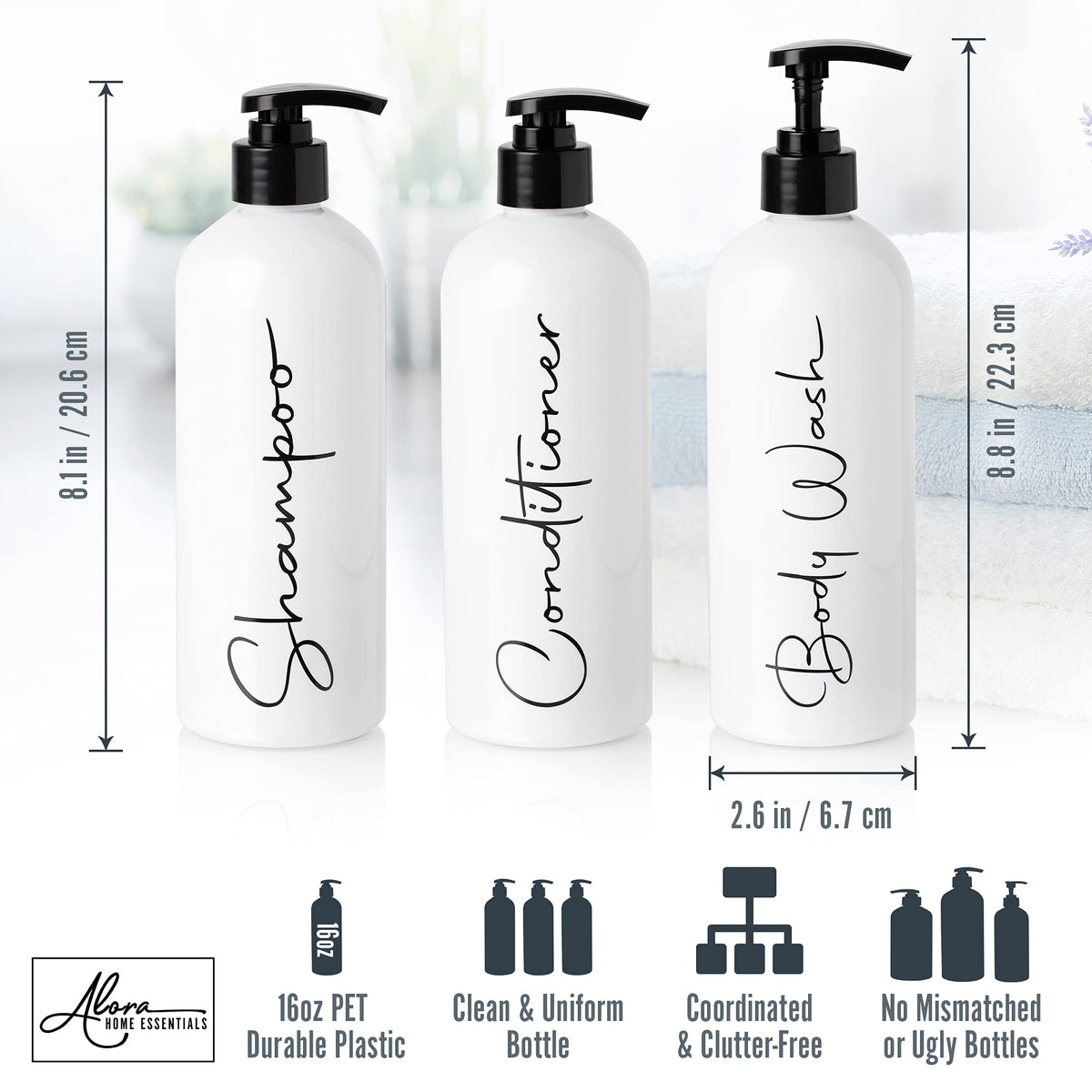 Alora 32oz Reusable Shampoo and Conditioner Bottles - Set of 3 - Easy to Read Labels - Pump Bottle Dispenser for Shampoo, Conditioner, Body Wash - Empty Plastic Refillable Containers for Shower