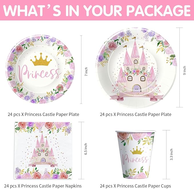 Princess Party Decorations Tableware - Princess Birthday Party Supplies Include Plates, Cups, Napkins, Tablecloth, Cutlery, Straw, Girl Birthday Baby Shower Party Decorations | Serve 24