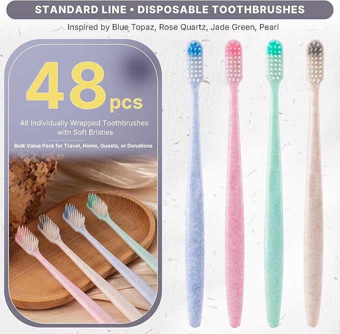 48-Pack Disposable Toothbrushes Individually Wrapped, Soft Bristle Bulk Travel Toothbrush for Adults, Kids, Guest, Hotel, Home, Camping, Donation – 4 Colors, Mini Manual Value Pack