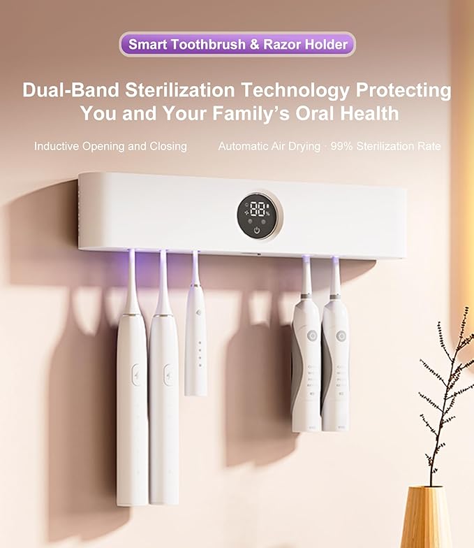 Smart Toothbrush Holder with Drying & Ventilation, 5 Brush Organizer with LED Display, Wall Mounted Storage with Shaver Slot for Family Bathroom