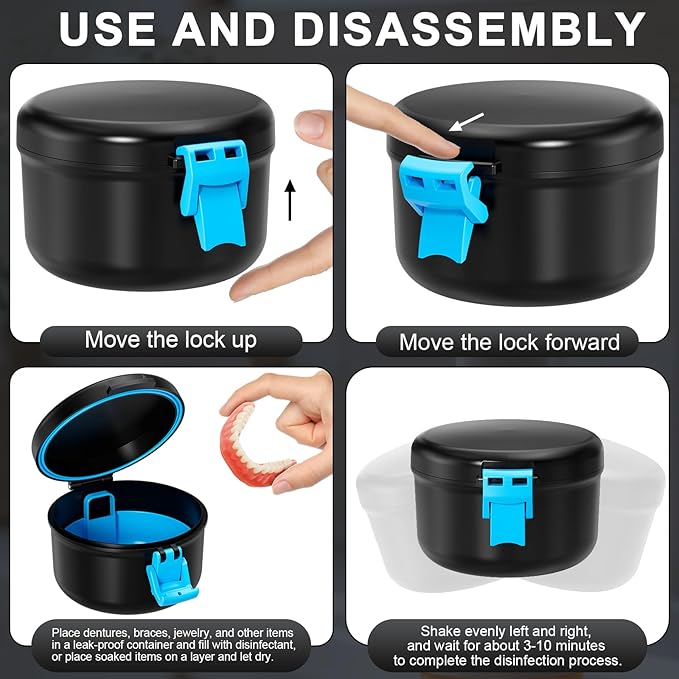 Denture Case, Leak Proof Denture Bath Cup for Travel, False Teeth Container for Soaking Dentures & Retainer, Retainer Cleaner Case, Black+Blue.