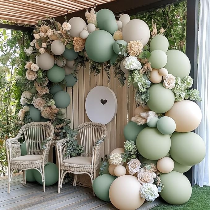Dusty Green White Sand Balloon Garland - Double Stuffed Light Sage Green White Cream Balloon Arch Kit Latex Olive Beige Balloons for Baby Shower Birthday Woodland Wedding Wild One Party Decor