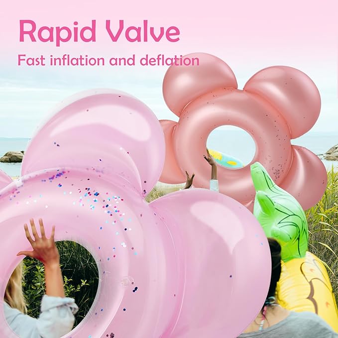 HeySplash Pool Floats for Adults, Large Floats Inflatable Floatie Loungers with Glitter, Swim Tube River Lake Wedding Bride Engagement Party Decor Toy Raft, Flower Bachelorette Fun Decor, Light Pink