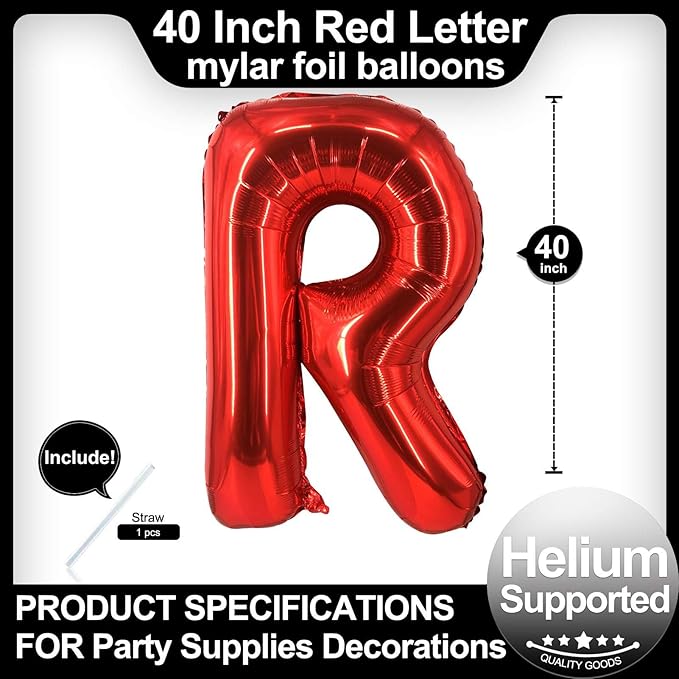 40 Inch Red Letter R Balloons, DIY Phrase Foil Alphabet Letter R Balloons DIY Word R Banner for Birthday Anniversary Celebration Graduation Party Supplies Decoration