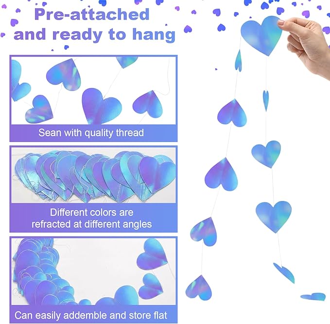 10 Pack 130ft Blue Holographic Heart Party Garland Asymmetrical Love Hanging Banners for Birthday Wedding Decorations Graduation Engagement