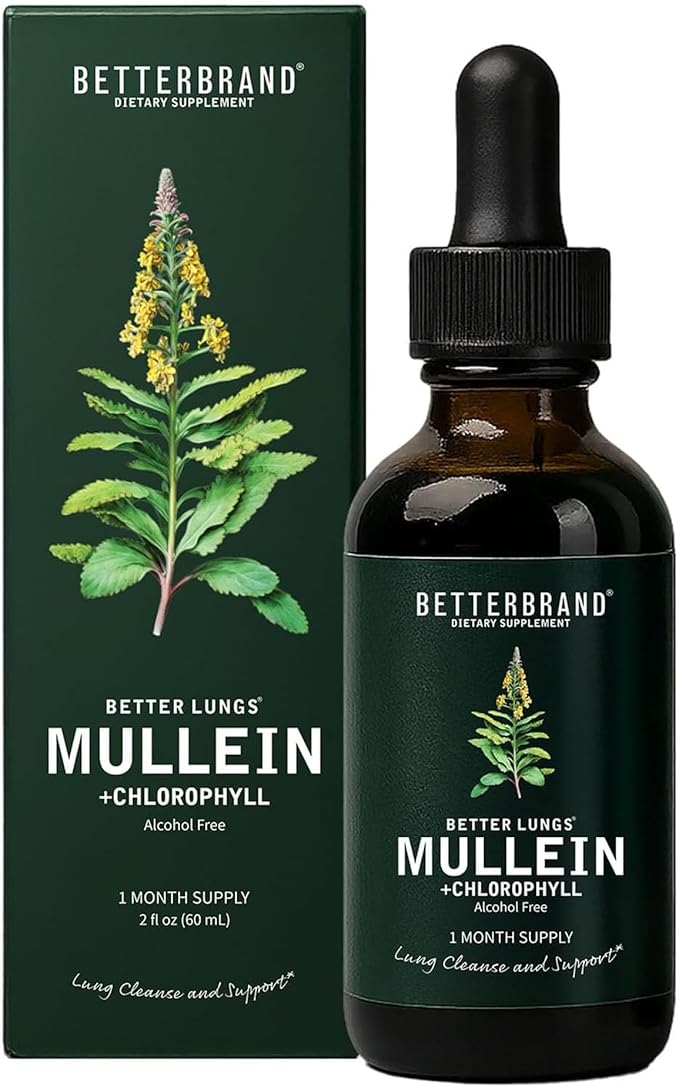 Betterbrand Mullein Drops for Lung Detox - Mullein Leaf Tincture with Chlorophyll - Helps Support Respiratory Health, Alcohol-Free, 1 Month Supply - 60ml