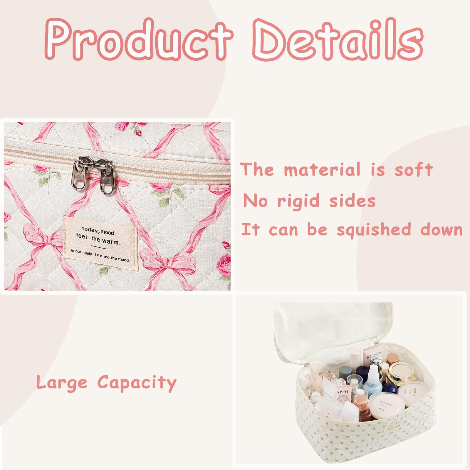 RSRSLEII 3Pcs Large Quilted Makeup Bag for Women and Girls, Cute Coquette Floral Cotton Cosmetic Bag, Aesthetic Travel Organized Toiletry Bags (3Pcs Pink Bows)