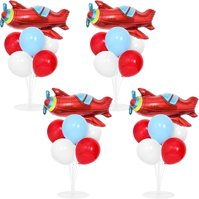 4 Sets Airplane Birthday Party Balloons Stand Kit with 4 Plane Helicopter Foil Balloons Red Blue White Theme Party Balloon Centerpiece for Table for Adventure Time Flies Baby Shower Parties Decoration