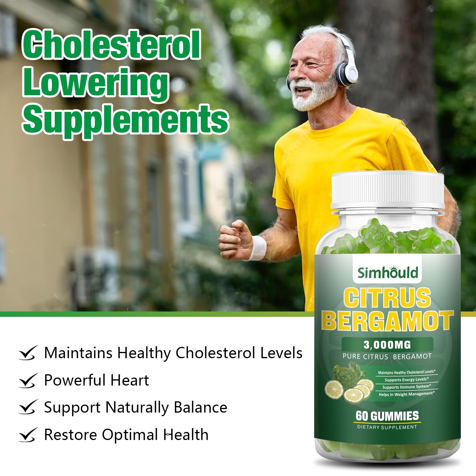 2 Pack Citrus Bergamot Gummies -3000MG Citrus Bergamot Extract Cholesterol Lowering Supplement for lmmune Support Healthy Anti-Aging, Hight Cholesterol Vegan Gummy 120 Counts Lime Flavor