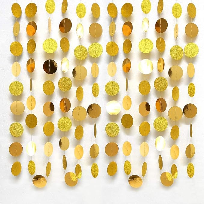 Decor365 Glitter Gold Party Decorations Glitter Golden Birthday Decoration Circle Dot Garlands Baby Bridal Shower Christmas New Year's Eve Anniversary Graduation Gold Streamer Decor