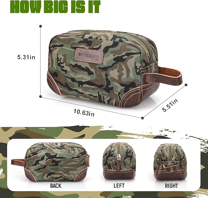 Emissary Leather & Canvas Dopp Kit - Men's Shaving & Toiletry Travel Bag, Small, Camo-Green