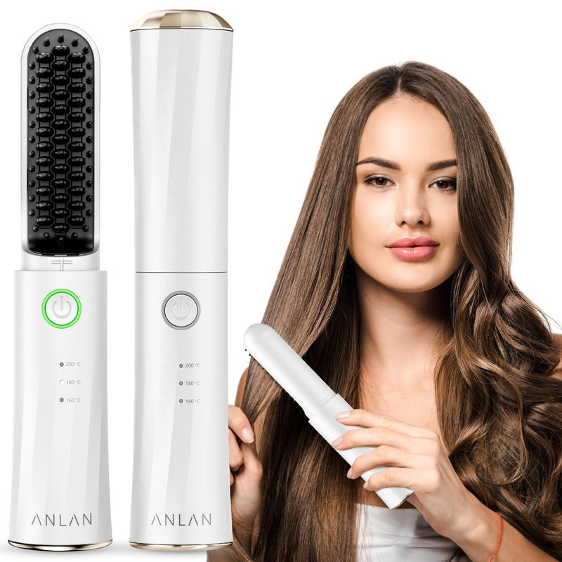 Cordless Hair Straightener Brush, ANLAN Portable Straightening Brush for Travel, Mini Hot Ionic Straightener Comb for Women, Rechargeable & Travel-Friendly for All Hair Textures, White