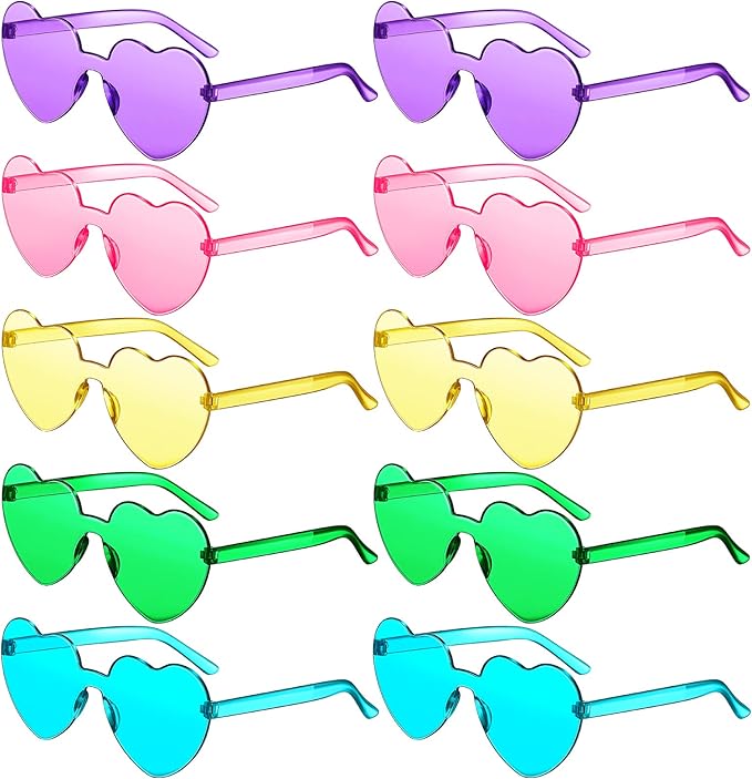 TOODOO 10 Pairs Heart Shaped Sunglasses Rainbow Sunglasses Candy Color Rimless Glasses for Women Girl Party Favor