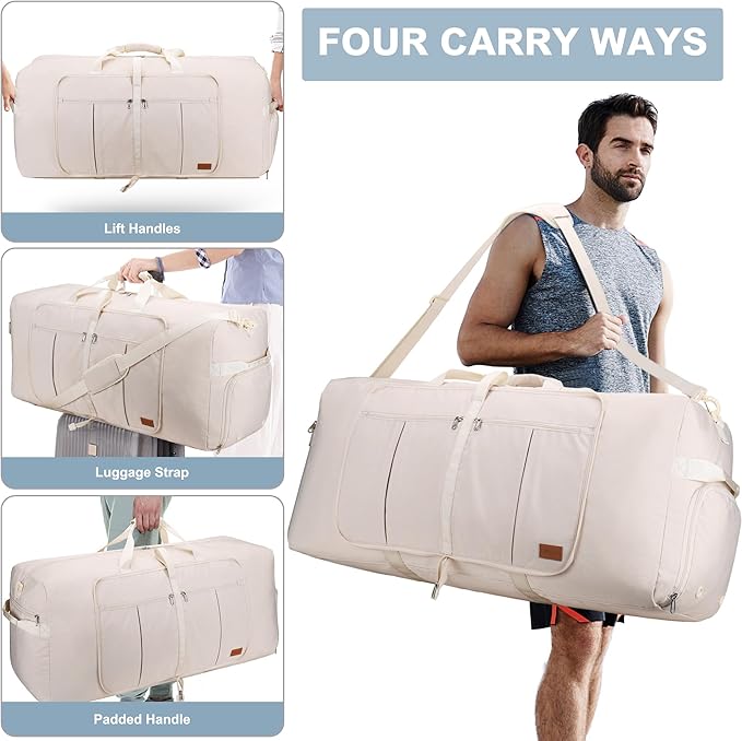 80L Large Duffle Bag for Travel, 26' Travel Duffel with Shoe Compartment, Foldable Collapsible Overnight Gym Weekender Bag for Men Women, Waterproof & Tear Resistant (Beige, 80L)