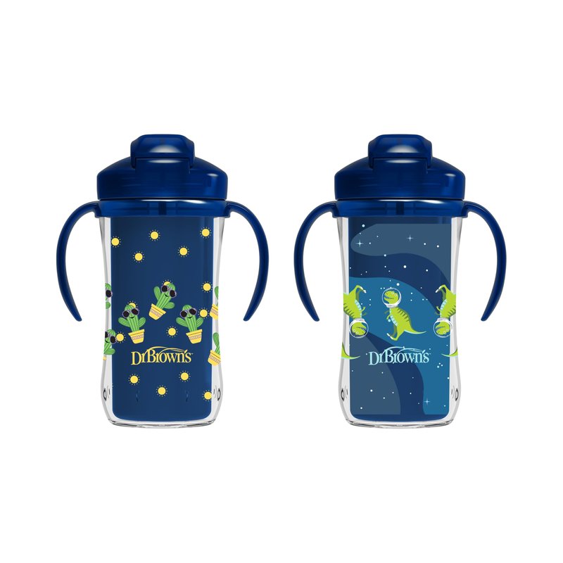 Dr. Brown's Milestones Insulated Sippy Cup with Straw and Handles, Spill-Proof Tumbler with Lid, 2-Pack, Blue, 10 oz/300 mL, BPA Free, 12m+