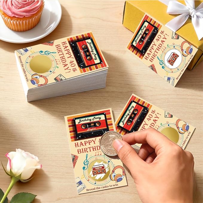 Haizct 50Pcs Happy 40Th Birthday Scratch Cards, Retro Radio Scratch off Game for Music Lover, Back To 1980s Party Supplies, Lottery Prize Raffle Ticket Group Game for Retirement Celebration Party