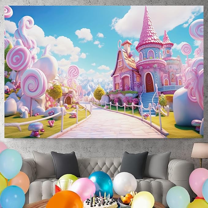 15x10ft Candyland Backdrop Pink Sweet Candy Castle Fairy Tale Photography Background for Girls Princess Birthday Baby Shower Party Decorations Kids Portraits Banner Photo Studio Props