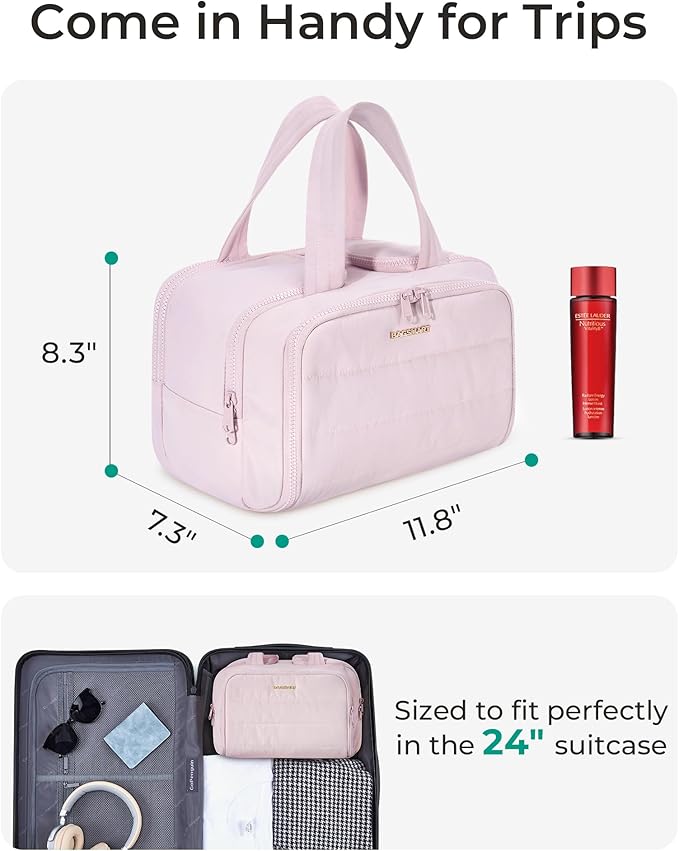 BAGSMART Travel Toiletry Bag, Crush Toiletry Bag for Women, Wide-open Puffy Toiletry Bags for Traveling, Large Travel Cosmetic Makeup Bag Organizer for Accessories,Toiletrie, Pink