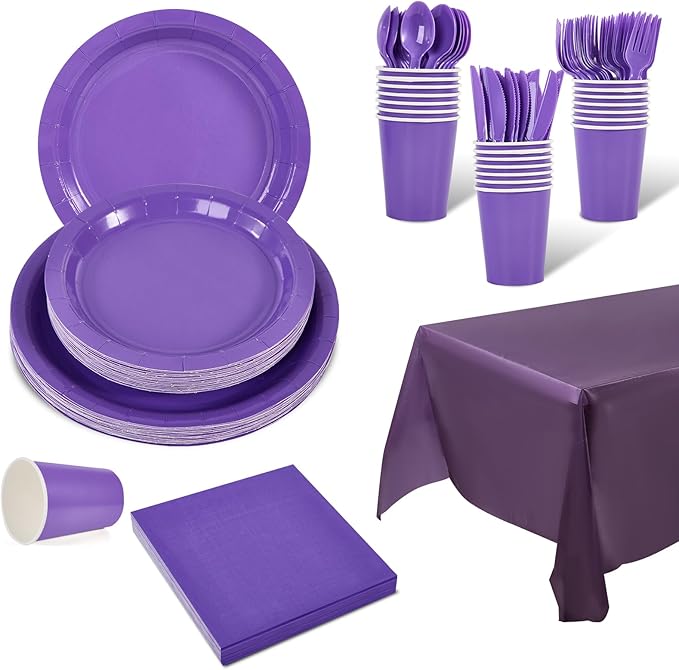 Ottin 169PCS Purple Christmas Party Supplies for 24 Guests – Disposable Paper Plates, Napkins, Cups, Forks, Knives, Spoons & Tablecloth for Birthday, Wedding, Thanksgiving, Christmas, and New Year