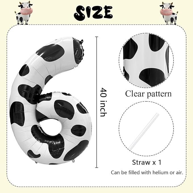Cow Print Number Balloons, Large Foil Number 6 Balloon 40 Inch Cow Balloon for Boys Girls Birthday Decoration Cow Themed Birthday Party Decorations Farm Animal Party Supplies