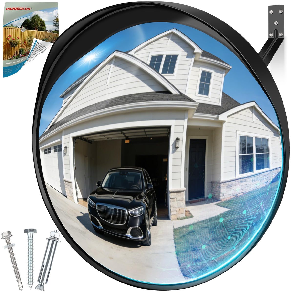 Narremcoy New 24 Inch Acrylic Convex Mirror with Rain-shield - Adjustable Wide Angle View Traffic Mirror Indoor Outdoor, Wall Mounting Blind Spot for Garage Warehouse, School, Store Safety and Office