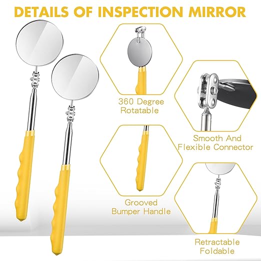 2 Pcs Telescoping Inspection Mirrors, Mechanics Mirror Tool with Long Handle, Round Extendable Mirror on a Stick for Technicians Mechanics Contractors Checking Observation(50mm,Yellow)