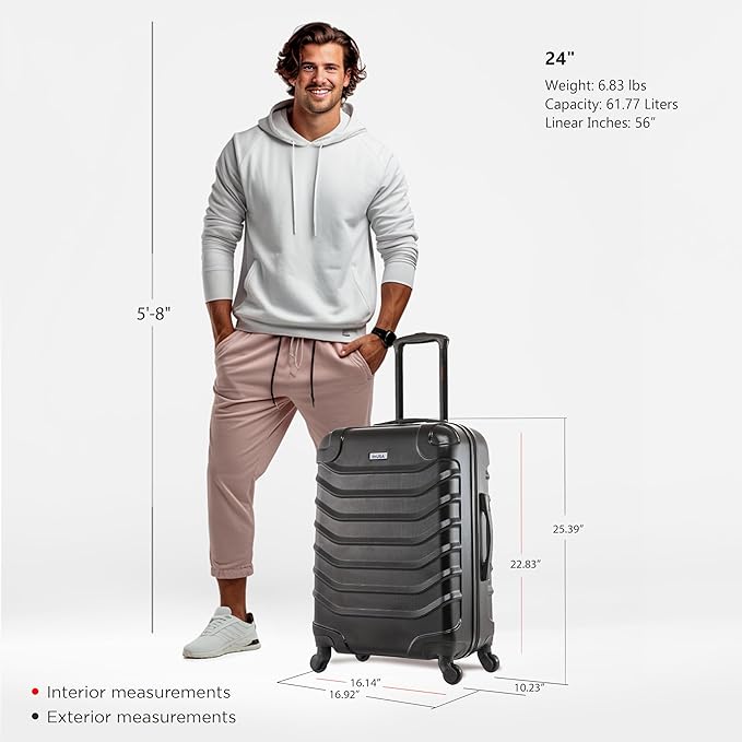 InUSA ENDURANCE Luggage with Spinner Wheels | Durable Lightweight Hardside Suitcase, Spacious Travel Bag with Handle and Trolley | 24-Inch Medium Checked Luggage | Black