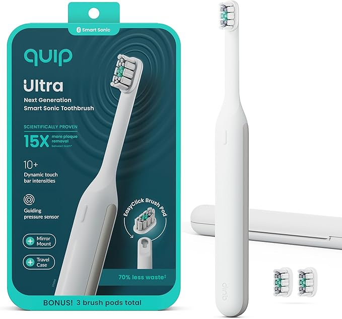 Quip Ultra Next Generation Smart Toothbrush - Timed Electric Toothbrush with Case - Replaceable Brush Head, Soft Bristles, Silicone Handle, 30-Day Battery Life - Travel Toothbrush - Stone