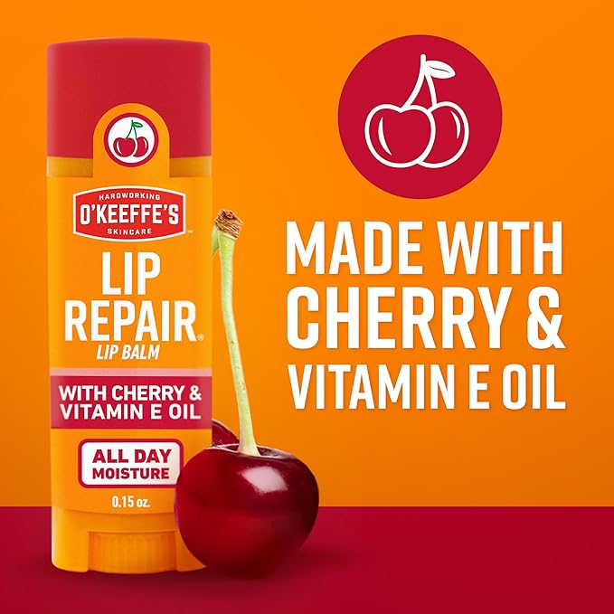 O'Keeffe's Lip Repair Lip Balm with Cherry & Vitamin E Oil - Stick (Twin Pack) - Moisturizer for Extremely Cracked, Dry Lips